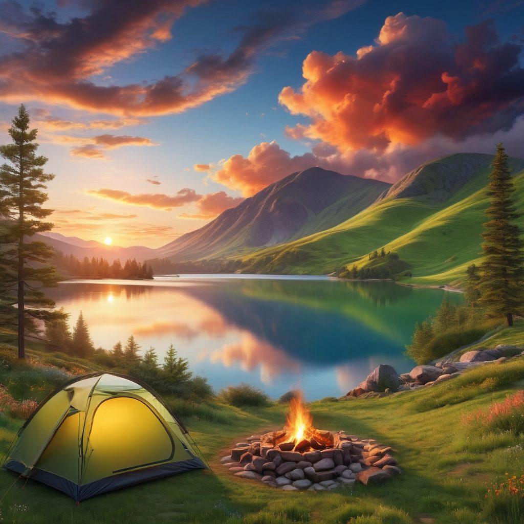 A breathtaking landscape showcasing a scenic drive winding through vibrant green hills, with a camping site nestled near a serene lake. Include a cozy tent with smoke rising from a campfire, and people enjoying nature, capturing the essence of blissful exploration. Add vibrant sunset colors to the sky and fluffy clouds. super-realistic. vibrant colors.