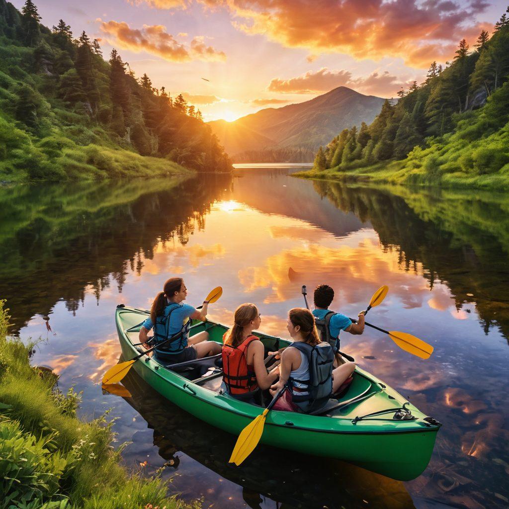 A cheerful group of friends joyfully exploring a picturesque landscape in a vibrant rental vehicle, showcasing lush green hills, a sparkling lake, and a dazzling sunset in the background. The scene captures their excitement and connection with nature as they engage in adventurous activities like hiking and kayaking. Lively colors and a sense of movement create an inviting atmosphere. super-realistic. vibrant colors. dynamic composition.