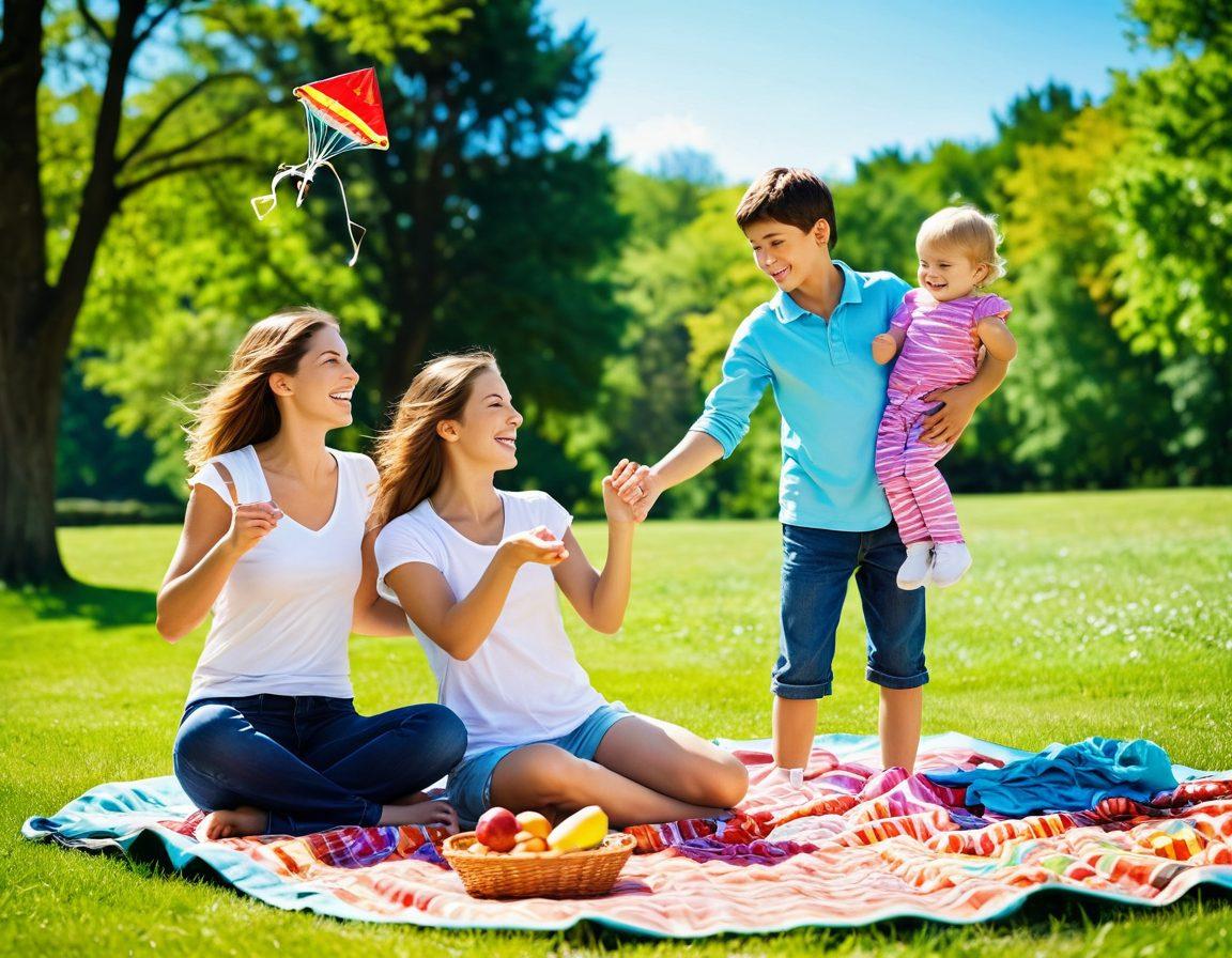 A joyful family enjoying a sunny day outdoors, surrounded by nature's beauty, featuring a picnic blanket, laughter, and playful activities like frisbee or kite flying. In the background, a lush green park with colorful flowers and a bright blue sky enhances the scene, evoking feelings of warmth and togetherness. super-realistic. vibrant colors. soft focus.